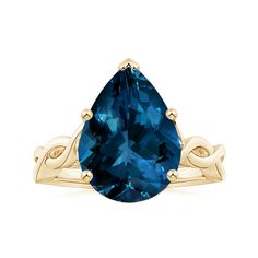 Prong-Set GIA Certified Solitaire Pear-Shaped London Blue Topaz Twisted Shank Ring Rose Gold Solitaire Ring, Yellow Gold Solitaire Ring, Cartier Panthere, Slim Aarons, Bracelet Love, London Blue Topaz Ring, Modern Ring, London Blue Topaz, Blue Topaz Ring