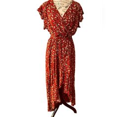 Beautiful Red Bohemian High-Lo Maxi Dress, Ties At Waist, Short Ruffled Sleeves, Size Large, Nwt! Red Bohemian V-neck Midi Dress, Red Bohemian Midi Dress With V-neck, Red V-neck Maxi Dress With Boho Print, Red V-neck Boho Print Dresses, Flowy Red Midi Dress For Fall, Red Flowy Boho Dress For Fall, Red V-neck Dresses With Boho Print, Red V-neck Dress With Boho Print, Red Floral Print Rayon Dresses