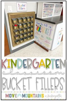 an advertisement for the kindergartate bucket fillers in front of a refrigerator