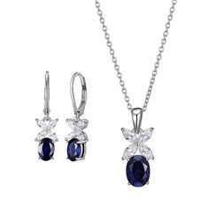 "Adorned with lab-created sapphire center stones and dazzling cubic zirconia accents, this sterling silver necklace and drop earring set completes your elegant look. Adorned with lab-created sapphire center stones and dazzling cubic zirconia accents, this sterling silver necklace and drop earring set completes your elegant look. Pendant length: 3/4 in. Chain length: 18 in. Chain type: cable Earring length: 1 1/16 in. Closures: leverback Metal: sterling silver Plating: rhodium Finish: polished Pa Blue Cubic Zirconia Necklace With Matching Earrings, Fine Jewelry With Matching Earrings And Lab-created Sapphire, Fine Jewelry With Lab-created Sapphire, Sapphire Cubic Zirconia Jewelry Sets, Blue Cubic Zirconia Fine Jewelry Sets, Fine Jewelry Sets In Sapphire Sterling Silver, Sapphire Sterling Silver Jewelry Sets, Sapphire Sterling Silver Fine Jewelry Sets, Blue Jewelry Sets With Diamond Accents As Gift