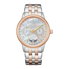 For a touch of modern elegance paired with advanced complications, Citizen’s Calendrier women’s watch fits the bill. It has a rose-gold-tone stainless steel bracelet and rose-gold-tone 37mm case, with a white mother of pearl three-hand dial set with diamonds. It uses Eco-Drive technology, so it is powered by light — any light — and in addition to showing the month, day and date, it also keeps track of the phases of the moon. Eco Drive Watches, Timberland Premium, Citizen Watch, Citizen Eco, Eco Drive, Women's Watch, Minerals Crystals, Steel Bracelet, Chronograph Watch