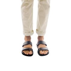 Model wearing Aviv black, handmade leather slide sandals Mens Slides Sandals, Classic Sandals, Mens Slide Sandals, Ankle Strap Sandals Flat, Two Strap Sandals, Double Strap Sandals, Stylish Footwear, Shoe Ideas, Leather Gladiator Sandals