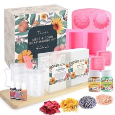 PRICES MAY VARY. ♥ Soap Making Supplies in One Kit: DIY Kit includes everything you need to make your own soap. The box includes: 2lbs Organic Soap Base, 4 silicon molds, natural materials(dried flowers & pink salt), 2 measuring cups (250ml & 500ml), pigments, silicon spatula, instruction. ♥Skin Safe Soap Base & Pigments: Our soap base is made with natural ingredients and real liquid goat’s milk, organic shea butter and glycerin, which is smell natural, hypoallergenic, biodegradable. The pigment Make Your Own Soap, Soap Business, Silicon Molds, Organic Bar Soap, Soap Making Kits, Pretty Soap, Soap Making Supplies, Soap Base, Soap Bars