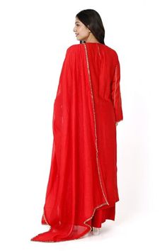 Red kurta with floral pita hand embroidery. Paired with an art silk pant and badla embroidered dupatta. - Aza Fashions Red Kurta, Silk Pant, Women Kurta, Embroidered Dupatta, Straight Kurta, Kurta With Pants, Silk Pants, Set Women, Pant Set