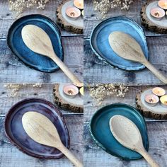 wooden spoons and candles are arranged on wood slices