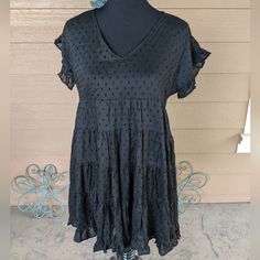 Angie Black Tiered Dress With Swiss Dots V Neck, Ruffled Short Sleeve, Lined Size M P2p - 21 In L - 32 In Black Swiss Dot Dresses For Summer, Black Swiss Dot Dress For Summer, Black Tiered Dress, Ruffle Shorts, Swiss Dot, Tiered Dress, Dots, V Neck, Womens Dresses