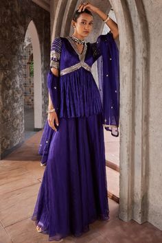 Purple peplum kurta with crystal, pearl and sequin embroidery on a textured base. Comes with pleated sharara and embroidered dupatta. - Aza Fashions Indian Clothes Modern, Sharara Suit Design, Purple Sharara, Organza Sharara, Luxury Closets, Closets Design, Embroidered Sharara, Sharara Designs, Kurta Sharara Set