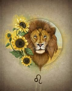 a painting of a lion with sunflowers in front of it's face