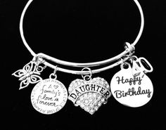 Crystal Heart Daughter Charm, Happy Birthday, Family Quote, Butterfly and 40 charm securely attached to a silver plated Expandable Adjustable Bangle Bracelet.To Personalize…Use this link if you would like to add Birthstones to this bracelet ~ https://www.etsy.com/listing/774404837Use this Link to add an Initial Charm to this bracelet ~ https://www.etsy.com/listing/760532344Meaningful Charm Bracelet; great gift idea!  This can be sent directly to your intended with your personal message included. Charm Bracelet For Birthday And Valentine's Day, Mother's Day Anniversary Charm Bracelet With Birthstone, Charms Bracelet For Birthday And Mother's Day Gift, Mother's Day Birthstone Charm Bracelet For Anniversary, Round Charm Bracelet For Birthday And Valentine's Day, Mother's Day Anniversary Birthstone Charm Bracelet, Charms Bracelets For Mother's Day Birthday Gift, Adjustable Hypoallergenic Charm Bracelet For Anniversary, Adjustable Charm Bracelet For Birthday And Valentine's Day