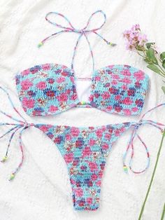 ⚡️Buy Halter Floral Print Smocked Bikini Set Blue M under $23.00 in Bikini Online. Style: Sexy/Vacation/Sweet/Cute. Fabric Content: Polyester, Spandex. Fit Type: Slim fit. Design:. Bandeau Bikini Top & High Cut Brief Set. With Padded Cups, Wire Free. Allover Floral Pattern Featuring. Adjustable Halter Tie Strap Fastening. Tie Up Waist Detailing. Can Be Worn Halter Neck Style or Bandeau Style Bikini Top. ✓Free Shipping on all orders over US$69. Cute Fabric, High Cut, Stylish Nails, Halter Neck, Crochet Bikini, Polyester Spandex, Smocking, Floral Pattern, Summer Outfits