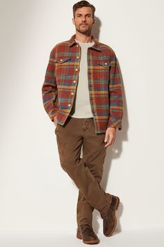 As you step out your front door this autumn, whether to bike to work, drive the kids to school, or load firewood into the house, you'll be dressed the part in our cozy Twin Lakes shirt jacket. Made of brushed cotton and featuring a soft French terry lining, this plaid button-front layer is built for cool-weather style. Burned coconut shell buttons shut out chilly air, while four pockets lend space for small essentials. Henry Styles, Bike To Work, Business Travel Bag, Twin Lakes, Cotton Plaid Shirt, Alternative Style, Sheepskin Coat, Blazer Vest, Shell Buttons