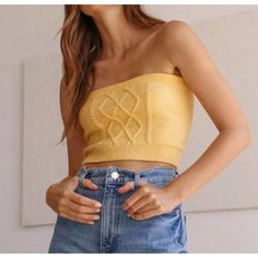 Thanks For Checking Out Our Fabulous Posh Closet!! All Of Our Items Are New With Tags! Never Worn Or Used <3 - Composition: 53% Cotton, 25% Recycled Polyester, 20% Nylon, 2% Spandex - Description: Show A Little Skin In This Cute And Casual Crop Top. Bodycon-Top. Cropped. Strapless. Solid Color. - We Ship From Multiple Warehouses So It's Not Possible For Us To Bundle - Because All Of Our Merchandise Is Brand New And Often Times In Original Packaging, Extra Photos Or Measurements Cannot Be Provide Trendy Fitted Cable Knit Top, Spring Yellow Soft Knit Tops, Trendy Stretch Cable Knit Tops, Casual Cable Knit Tops For Spring, Casual Spring Cable Knit Tops, Chic Stretch Cable Knit Tops, Chic Cotton Cable Knit Tops, Chic Cable Knit Stretch Tops, Fitted Cable Knit Tops For Spring