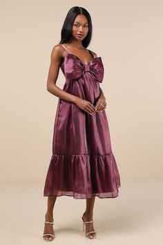 Extravagant Initiative Shiny Plum Organza Bow Midi Dress Plum Midi Dress, Organza Bow, Plum Wedding, Purple Midi Dress, Guest Attire, Darling Dress, Tiered Dress, Large Size Dresses, Dress With Bow