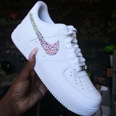 Custom Bling Out Ab Crystal Nike Air Force 1s. Each Shoe Is Hand Designed With Crystals Being Placed One By One, Making This A Time Consuming Process But The End Result Is Truly A Stunning Work Of Art & Worth Every Penny. Price Listed Reflects The Cost Of The Shoe. Shoes Will Be Packaged Securely. More Crystals Available. Please No Offers. White Custom Sneakers With Rhinestones And Round Toe, Glitter Nike Shoes, Nike Shoes Custom, Penny Price, Glitter Nikes, Nike Air Force 1s, Air Force 1s, Custom Bling, Custom Nike