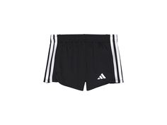 adidas Kids 3-Stripes Mesh Shorts 23 (Toddler/Little Kids) - Girl's Shorts : Black : The primary materials that compose this product contain a minimum of 20 percent recycled content. Let your little one feel comfy sporty style wearing the adidas Kids 3-Stripes Mesh Shorts 23. Regular fit. Climacool fabric rapidly transports heat and perspiration away from the body. Pull-on style. Elasticated waistband. Iconic three-stripes with signature logo. Front dolphin hem. 100% recycled polyester. Machine Cotton Activewear With Three Stripes For Workout, Sporty Striped Bottoms For Training, Casual Activewear For Running With Three Stripes Branding, Casual Running Activewear With Three Stripes, Cotton Workout Activewear With Side Stripes, White Three Stripes Activewear For Jogging, White Activewear With Three Stripes For Jogging, Sporty Three Stripes Activewear For Training, Sporty Three-stripes Activewear For Training