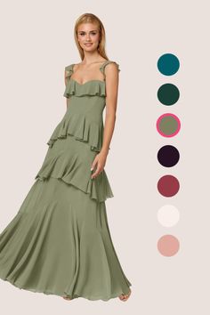 This floor length dress features a drop-waist corseted sweetheart bodice, adjustable straps, and a cascade tier A-line skirt. Waffley Wedded, Tiered Bridesmaid Dress, Chiffon Bridesmaid Dresses, Floor Length Dress, Floor Length Dresses, Chiffon Bridesmaid, Drop Waist, A Line Skirt, Pistachio