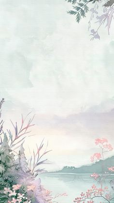 an image of a painting with flowers in the foreground and water in the background