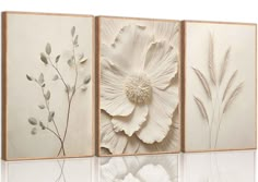 three panels with flowers and leaves on them, one is white the other is beige