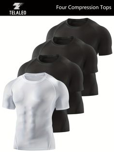 Introducing our Men's 4Pack Solid Stretch Compression Workout Shirts, designed to enhance your performance and comfort during any workout or sports activity. These shirts are made with a high-quality polyester material that provides medium stretch and a skinny fit, perfect for adult athletes all year round. Benefits of our Men's 4Pack Solid Stretch Compression Workout Shirts: Boost your performance with the compression technology that supports your muscles and reduces fatigue Stay comfortable during intense workouts with the breathable and moisture-wicking fabric Look stylish with the solid color design that is perfect for any sports scene Easily care for your shirts with machine wash instructions and enjoy the durability of the knit fabric Experience a flattering fit with the crew neck an Black Fitted Dri-fit T-shirt, Technical Compression T-shirt With Moisture-wicking, Compression Moisture-wicking T-shirt For Sports, Compression Moisture-wicking T-shirt For Workout, Black Compression T-shirt With Moisture-wicking, Compression Moisture-wicking Workout T-shirt, Sporty Moisture-wicking Shirt For Sports Events, Moisture-wicking Compression T-shirt For Workout, Moisture-wicking Snug Fit Sports T-shirt