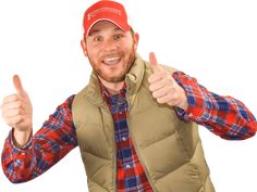 a man wearing a red hat and vest giving the thumbs up sign with both hands