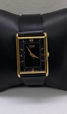 Beautiful Vintage Classic Citizen Watch Gold Tone Black Dial Wristwatch unisex gold plated with new black leather band put in and new battery installed working great pre/owned condition with normal wear measures 6" to 8" max fit by 7/8" width. Black Watch Aesthetic, Citizen Watch, Girls Watches, Watch Collection, Wrist Watches, Black Watch, Leather Band, Vintage Watches, Gold Watch