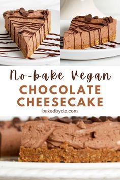 no - bake vegan chocolate cheesecake on a white plate