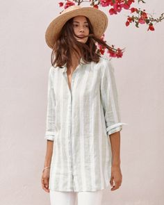 Easy Linen Tunic Elegant Beach Tunic For Spring, Chic Linen Tunic For Vacation, Summer Tunic With Relaxed Fit, Summer Shirt Dress With Roll-up Sleeves For Day Out, Summer Daywear Tops With Curved Hem, Summer Tunic With Relaxed Fit And Shirttail Hem, Summer Tunic With Shirttail Hem For Daywear, Elegant Tunic Shirt Dress For Vacation, Elegant Tunic For Summer Day Out