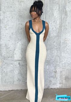 Buy Women's Sexy V-Neck Wide Shoulder Strap Contrasting Color Slim Chic Dress Beach Holidays Long Dress at BestDealBuys.com. Wholesale prices! Casual Beige V-neck Bodycon Dress, Casual Non-stretch V-neck Bodycon Dress, Beige V-neck Maxi Dress, Beige V-neck Bodycon Mini Dress, Beige Bodycon V-neck Mini Dress, Beige Stretch V-neck Mini Dress, Chic V-neck Bodycon Maxi Dress, Elegant V-neck Bodycon Dress For Vacation, V-neck Non-stretch Bodycon Dress