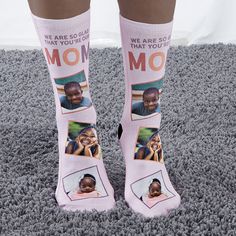 Personalized with any 2 line message, title and 3 photo uploadsInclude a 7 line message on the bottom of the socks Adult, unisex crew sockFits Men 6-11Fits Ladies 4-12Cuff measures .75"Overall sock measures 13.5"L x 3.5"WPolyester / spandexHeel of sock is black Machine washImported Prop your feet up and enjoy a good book while you wear our Glad You're Our Mom Personalized Photo Adult Socks. These socks make the perfect Mother's Day gift. Personalized Socks, Slipper Socks, Photo Colour, Mom Humor, Crew Socks, Mother Gifts, Good Books, Mother's Day Gifts, Mother's Day