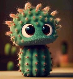 a close up of a cactus with big eyes