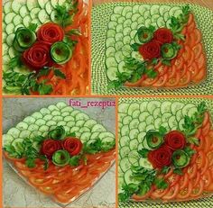 four pictures of vegetables arranged in the shape of hearts and flowers on top of each other