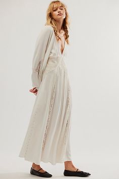 Flowy V-neck Maxi Dress With Lace Patchwork, Chic Long Sleeve Maxi Dress With Lace Patchwork, Fall Maxi Dress With Lace Trim, Lace Trim Maxi Dress For Fall, Maxi Dress With Lace Trim For Fall, Spring Bohemian Maxi Dress With Lace Sleeves, Long Sleeve Lace Maxi Dress With Patchwork, Long Sleeve Maxi Dress With Lace Patchwork, Bohemian Maxi Dress With Lace Sleeves For Spring