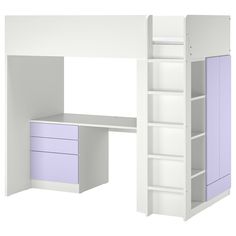 a white loft bed with purple drawers and shelves