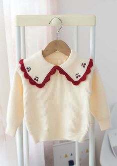 GIRLS - Cream/Red Girls Embroidered Collar Sweater - Hannah Rose Vintage Boutique Cute Solid Color Fall Sweater, Cute Cream Long Sleeve Sweater, White Collar Sweater For Winter, Cute Red Long Sleeve Sweater, Cute Cream Cotton Sweater, Cute Red Sweater For Fall, Cute Red Spring Sweater, Sweet White Tops For Fall, Cute Cream Top For Fall