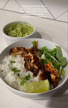 two bowls filled with rice and chicken next to a bowl of guacamole