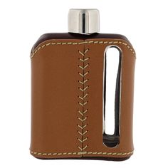 a brown leather flask with a baseball stitching on the side and a silver top