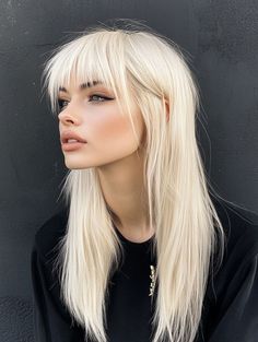 Platinum Blonde Goth Aesthetic, Blonde Hair Straight Bangs, Light Blonde Hair With Bangs, Gothic Blonde Hair, Blonde Shades Of Hair, Dark Eyebrows Blonde Hair, Platinum Blonde And Black Hair, Platinum Blonde Hair With Bangs, Goth Blonde Hair