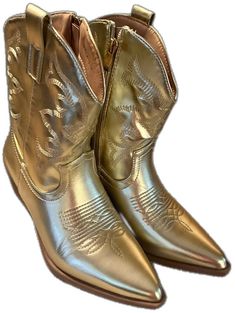 Gold Ankle Boots For Fall, Gold Boots With Round Toe And Medium Width, Trendy Gold Boots For Fall, Fitted Gold Western Boots, Trendy Gold Boots For Spring, Gold Western Boots For Winter, Gold Ankle Boots For Winter, Gold Pointed Toe Boots For Fall, Trendy Gold Leather Boots