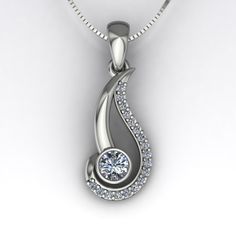 "A round brilliant cut quarter carat diamond sits in a bezel at the bottom of a graceful swirl of diamonds in this 14k white gold pendant. The pendant measures approximately 25mm in length (just under 1 inch) including the bail with the drop itself measuring about 18mm (just under 3/4 inch) and comes on a 0.8mm white gold box chain. You can choose 16\", 18\", or 20\" for the length of the chain. Center Diamond Dimensions      4mm EnhancementNatural Carat Weight 0.25 ColorF-G ClaritySI2 Cut        Good PolishGood Diamonds Number        18 EnhancementNatural Carat Total Weight0.13 ColorF-G ClaritySI1-2 Cut        Very Good PolishVery Good This is a custom made item! When you order, we will create a wax model of your pendant with our 3D printer. This model is then cast in 14k gold, which is p Spiral Cubic Zirconia Jewelry For Anniversary, Spiral Brilliant Cut Jewelry For Anniversary, Spiral Jewelry With Brilliant Cut For Anniversary, Spiral Diamond Jewelry For Anniversary, White Gold Jewelry With Brilliant Cut In Spiral Shape, White Gold Spiral Jewelry With Brilliant Cut, Spiral White Gold Jewelry With Brilliant Cut, Diamond Teardrop Pendant With Bezel Setting, Silver Diamond Necklace With Round Pendant In Tension Setting