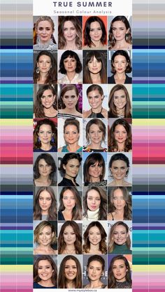 Cool Summer Analysis, Hair Colour For True Summer, Color Season Summer, True Summer Dark Hair, Hair Color True Summer, Colour Seasons Analysis, Cool Summer Color Palette Celebrities, Colour Analysis Summer