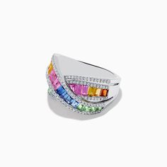 Watercolors 14K White Gold Multi Sapphire and Diamond Ring Multicolor Brilliant Cut Sapphire Ring For Formal Occasions, Formal Multicolor Brilliant Cut Rings, Elegant Multicolor Brilliant Cut Rings, Multicolor Oval Diamond Ring For Formal Occasions, Formal Multicolor Oval Diamond Ring, Elegant Multicolor Brilliant Cut Sapphire Ring, Multicolor Elegant Diamond Ring For Formal Occasions, Modern Multi-stone Baguette Cut Rings, Elegant Multicolor Rings For Anniversary