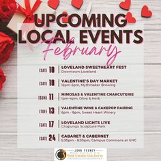 an event poster with red roses and paper hearts