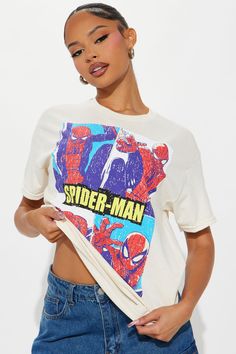 Available In Cream. Crew Neck Short Sleeve Front Screen Stretch Disclaimer: Due To The Printing Process A Difference In Saturation May Occur. Each Garment Is Unique. 100% Cotton Imported | Classic Spiderman Spidey Senses Tee Shirt in Cream size 1X by Fashion Nova Pop Culture Printed Summer Tops, Relaxed Fit Graphic Print Tops Pop Culture, Pop Culture Graphic Print Tops In Relaxed Fit, Relaxed Fit Graphic Print Tops For Pop Culture, Pop Culture Screen Print Tops With Relaxed Fit, Relaxed Fit Crew Neck Top With Character Print, Relaxed Fit Tops With Character Print And Short Sleeves, Cotton Pop Culture Tops For Summer, Summer Cotton Pop Culture Tops