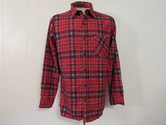 "Vintage 1970s shirt. Made of blue and red plaid cotton flannel. Features a button front, chest pocket and button cuffs. Label is missing. Size large. Actual measurements are: 45\" around the chest, 44\" at the waist, 19\" shoulder seam to shoulder seam, 24\" shoulder seam to end of cuff, 30\" overall length. In excellent unused condition. New old stock." 1950s Shirts, Red Plaid Shirt, Red Plaid Flannel, Plaid Shirt Men, Vintage Flannel, Red Flannel, Plaid Flannel Shirt, Vintage Lingerie, Vintage Shirt