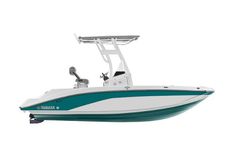 a white and teal boat with the front seat up