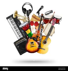 an assortment of musical instruments on a white background