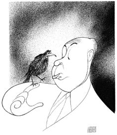 a black and white drawing of a man with a bird on his shoulder, looking at him