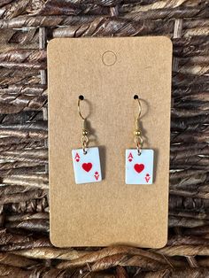 Playing Card earrings.  18K Gold Plated fish hook earwire.  Nickel Free. Card Earrings, Oct 1, Playing Card, Fish Hook, Jewelry Earrings Dangle, Etsy Earrings, Dangle Drop Earrings, Playing Cards, 18k Gold