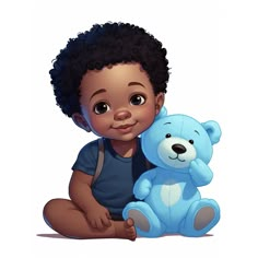 a little boy sitting on the ground with a blue teddy bear