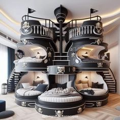 a room with bunk beds and pirate themed decor on the walls, in front of a spiral staircase